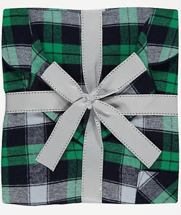 Green checkered pyjamas wrapped in grey satin bow.