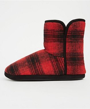 Red and black checkered slipper boots.
