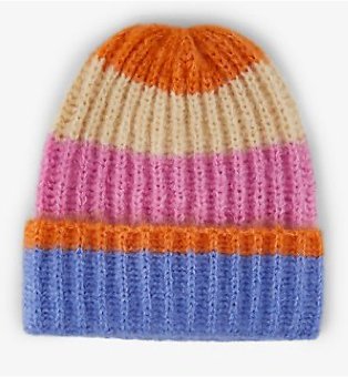 Orange, nude, pink and blue ribbed knitted hat with turn-up cuff.