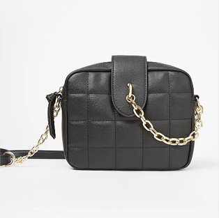 Black grid quilted cross body bag.