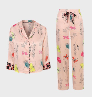 Peach printed satin pyjama shirt and bottoms