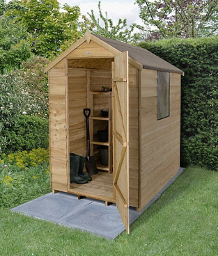 Apex shed in a garden with the door open