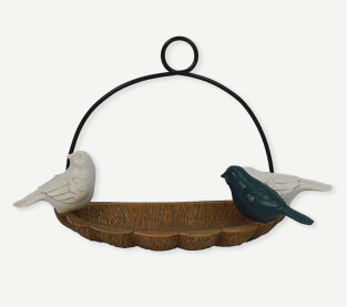 Hanging bird feeder with fake birds sitting on it