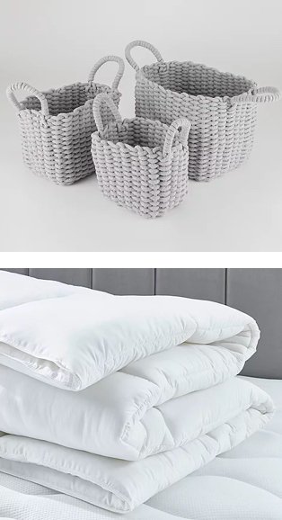 Small, medium and large grey wicker baskets with handles. White duvet rolled up on white mattress topper.