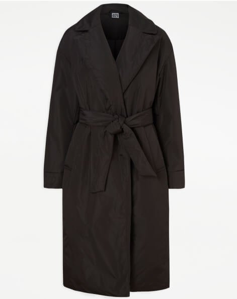 A black belted trench coat.