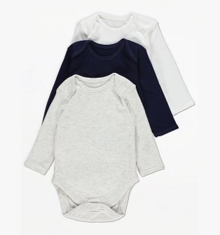 White, Grey and Navy Long Sleeve Bodysuits. 