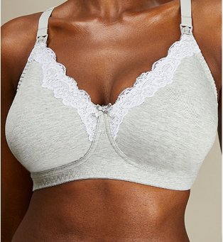 Torso of woman wearing grey lace trim maternity bra.