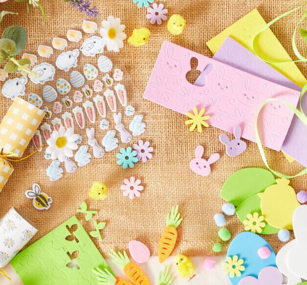 An Easter craft kit with stickers, ribbon and felt cut outs