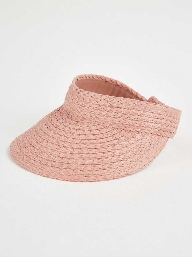 Pink straw visor hat.