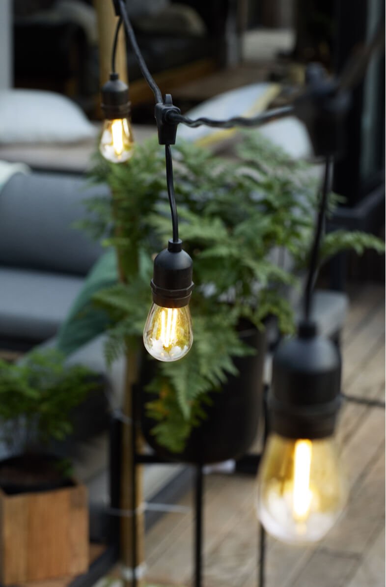 A set of hanging garden light bulbs.