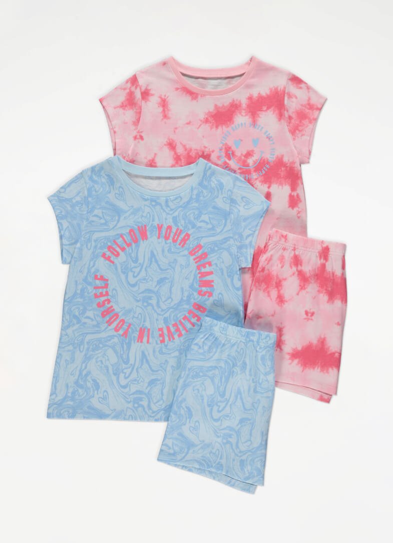 Two patterned slogan clothing sets.