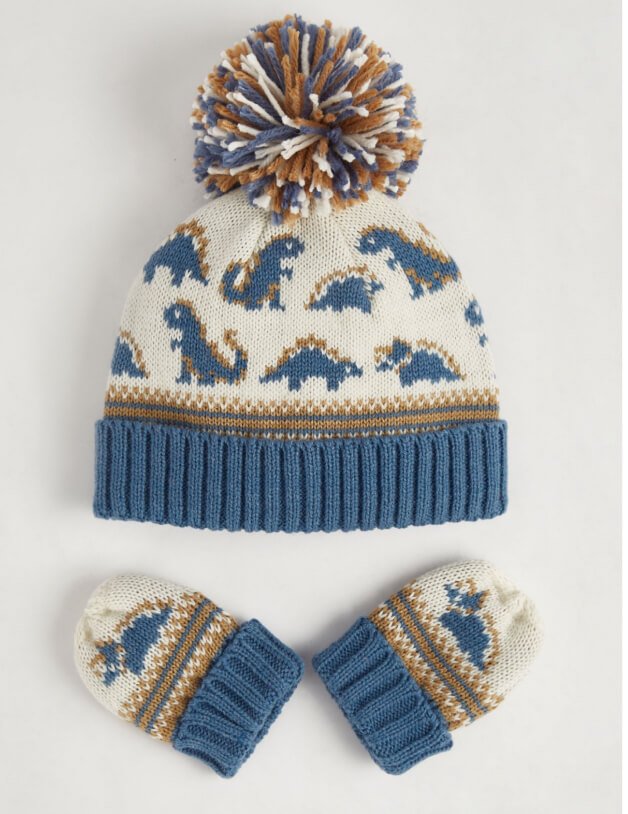 Blue Dinosaur Print Knitted Bobble Hat and Mittens
