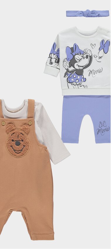 A purple and white Minnie Mouse outfit and a brown and white Winnie the Pooh outfit