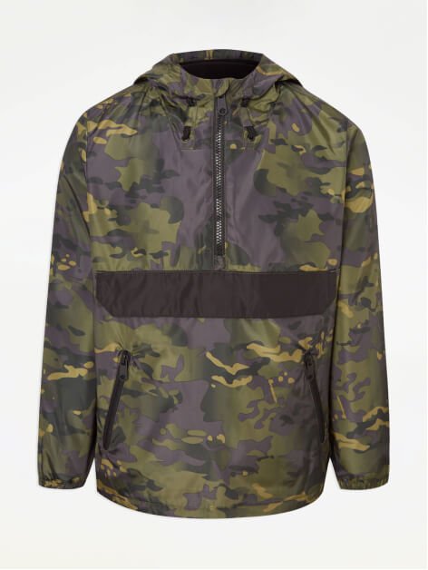 A green camoflage print lightweight jacket.