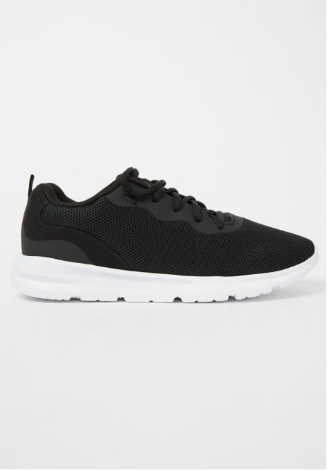 Black mesh sports trainers with a contrast sole.