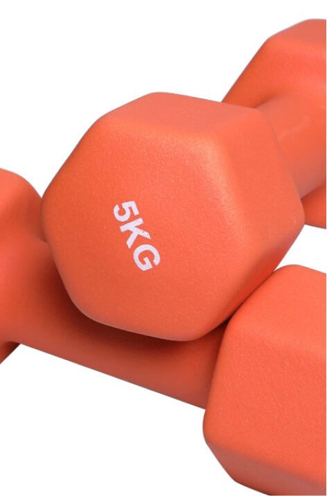 Orange 5kg dumbbells.