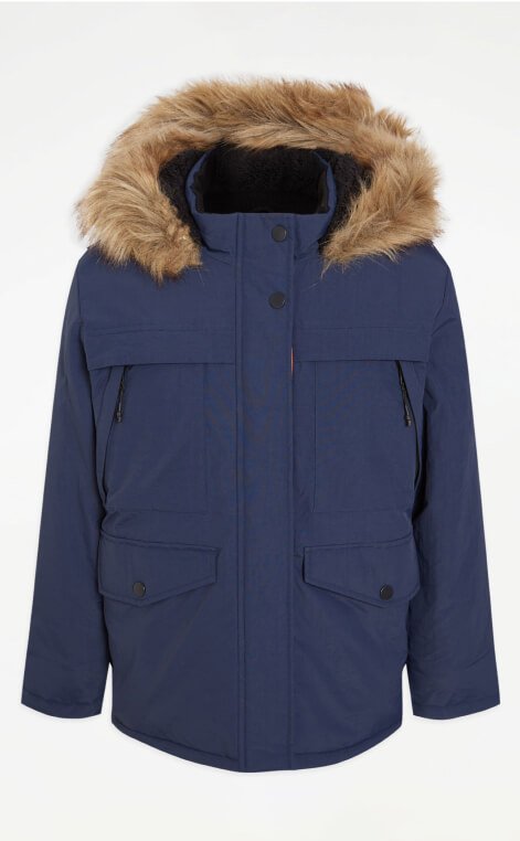 A navy hooded parka.