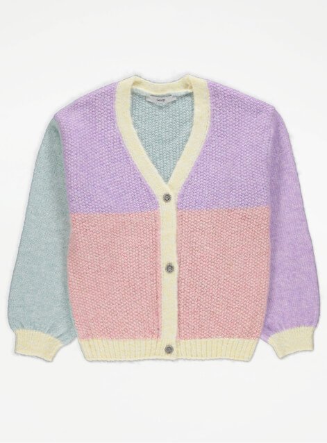 A rainbow colour block knitted cardigan.