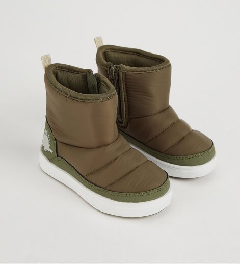 Khaki First Walkers dinosaur snow boots.