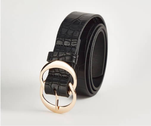 Black croc-effect belt with gold-tone buckle.