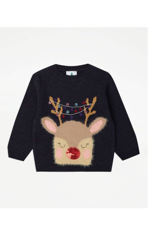 Navy eyelash knit reindeer Christmas jumper