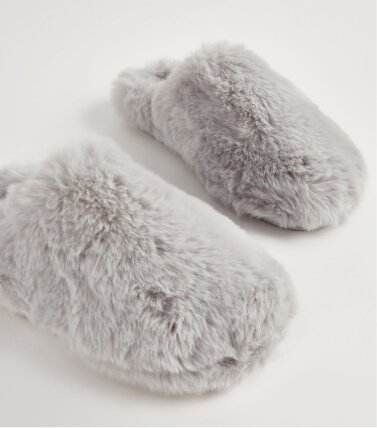 Grey faux fur mule slippers