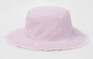 Pink washout denim bucket hat.