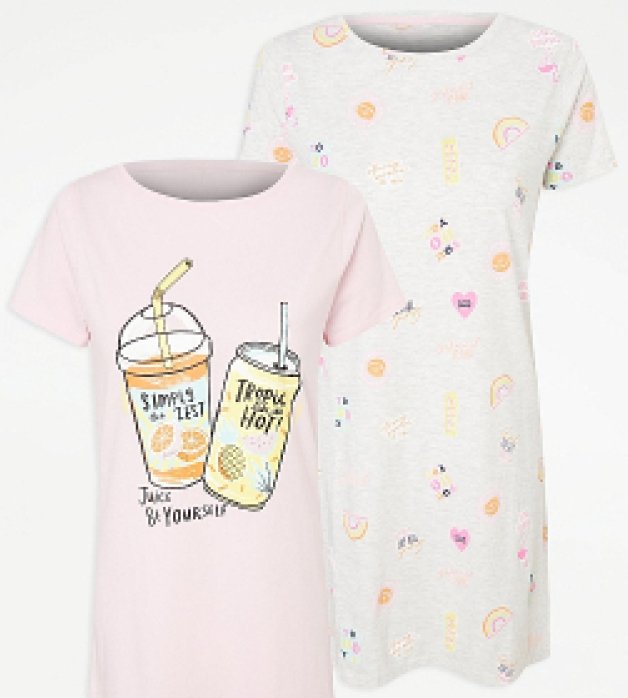 Two pink juice graphic print nightdresses.