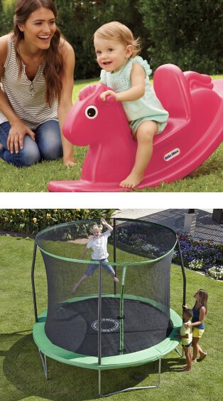 Child on a ride on horse toy, child on a trampoline.