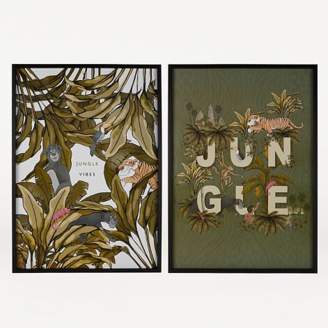 Two jungle themed prints with black frames