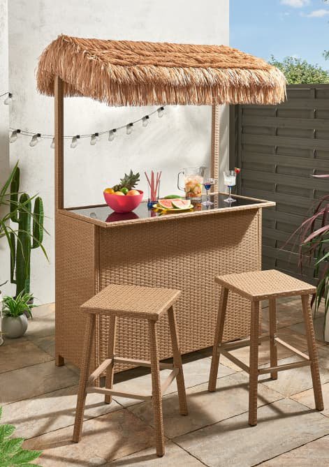 Garden bar with two stools.