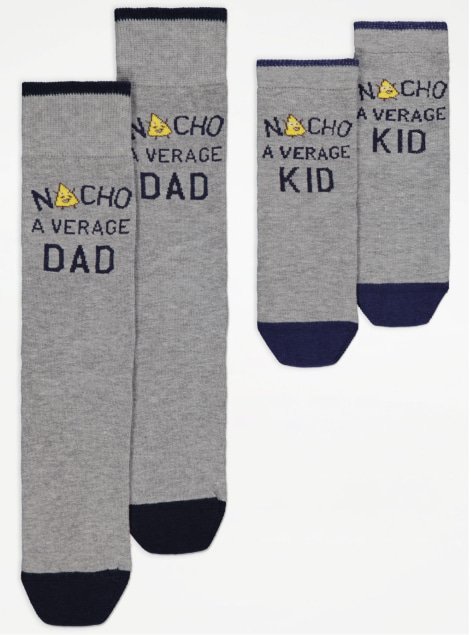 Two pairs of grey socks with 'Nacho average Dad' and 'Nacho average Kid' slogans.