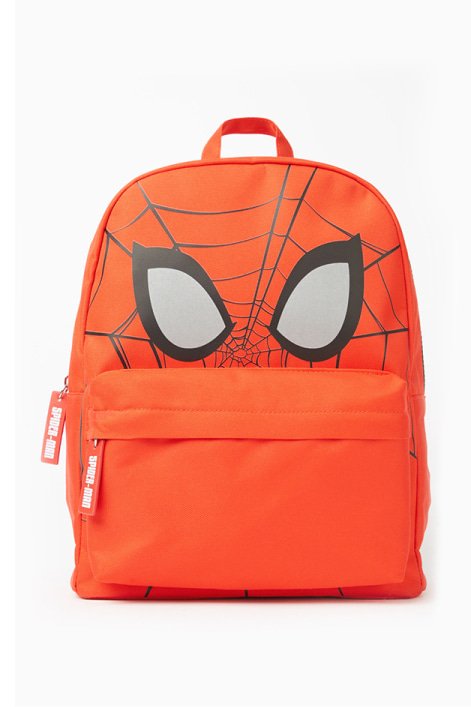 A red Spiderman backpack.