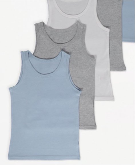 Blue, grey and white vest tops.