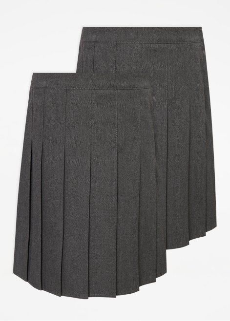 Two pack of girls grey plus fit permanent pleats school skirts.