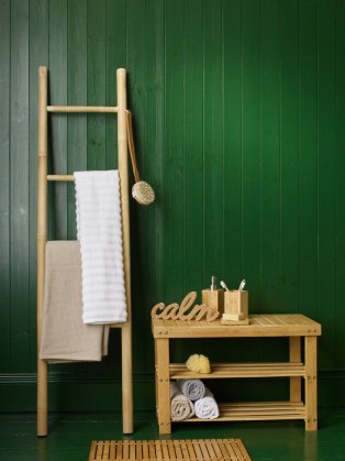 Bathroom with towel rack and shelves.